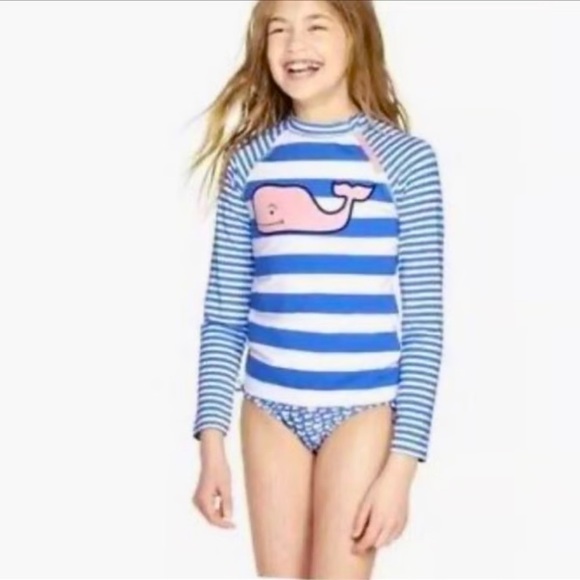 Vineyard Vines Girls Swim Shirt Rashguard 10/12 Sun Protection Pink Blue Stripe - Picture 1 of 12